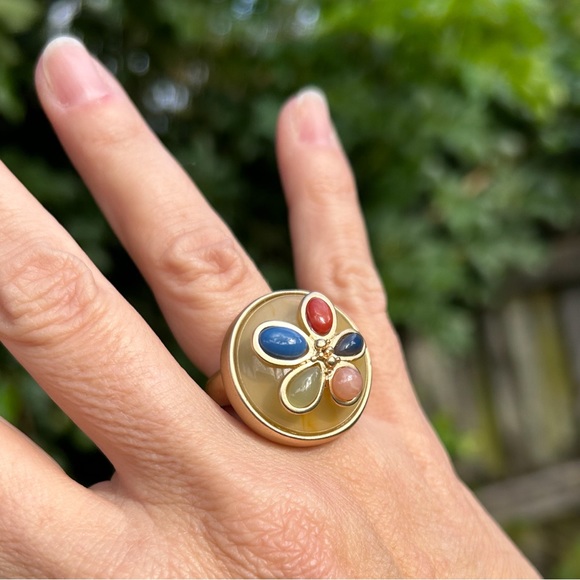 ✨Boho chic statement ring, brushed gold tone with stones, flexible size - Picture 5 of 5